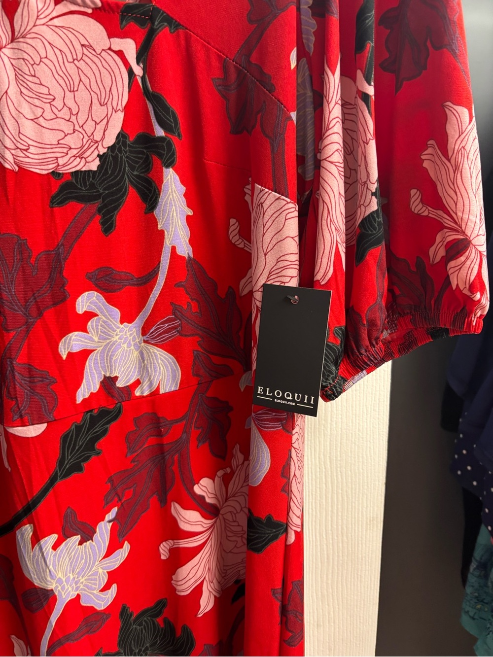 Eloquii Red Floral Midi Dress with Pink and Black Details - Picture 3 of 5